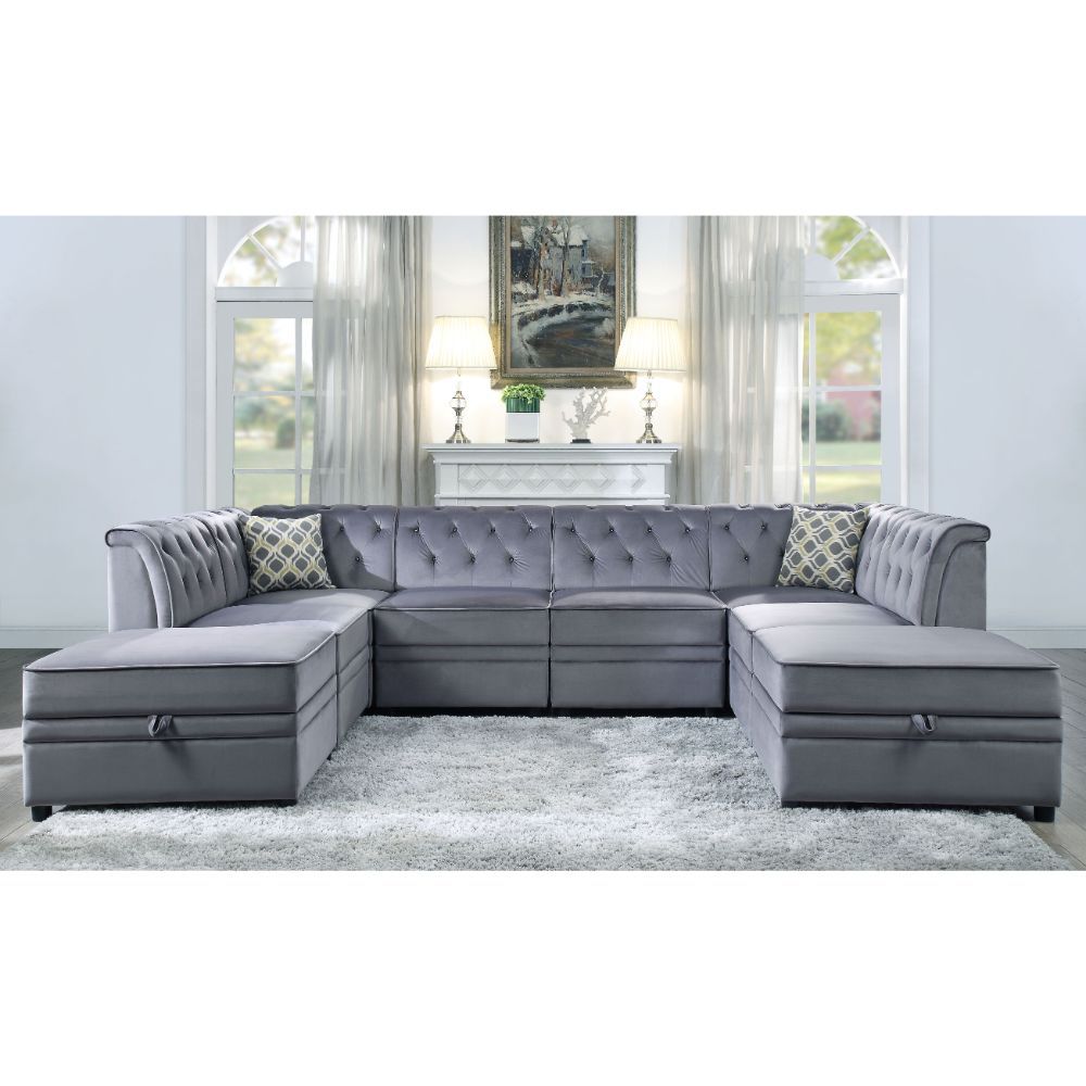 Bois II - Modular Armless Chair - Gray Velvet, alternate view 3 with wood construction