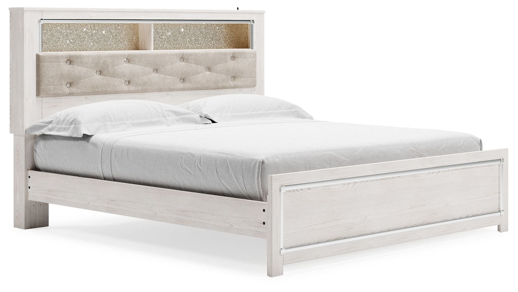 Altyra - King Bookcase Panel Bed - White, product view with polyester fabric