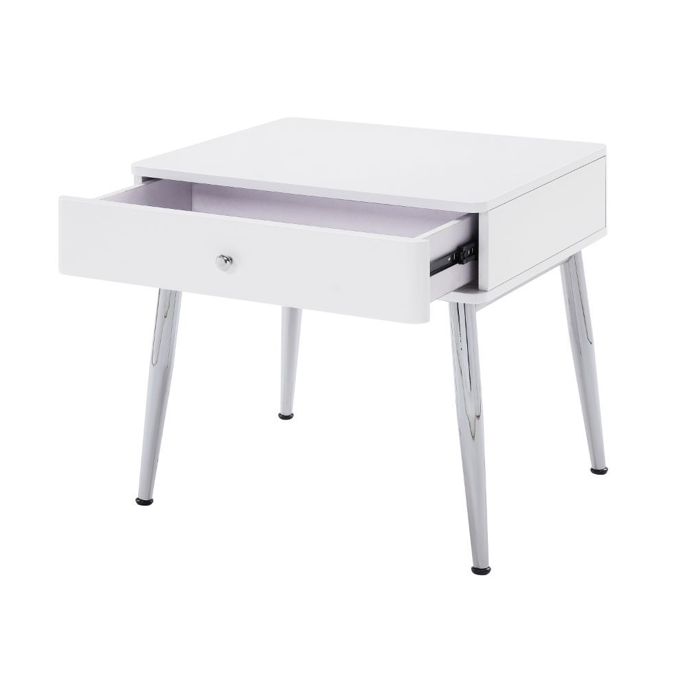 Weizor - End Table - White High Gloss & Chrome, product view with wood construction