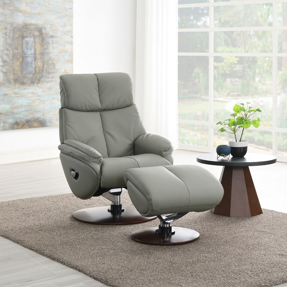 Kandoro - Motion Accent Chair With Swivel & Ottoman - Gray Leather & Brown Base, alternate view 3 with top-grain leather
