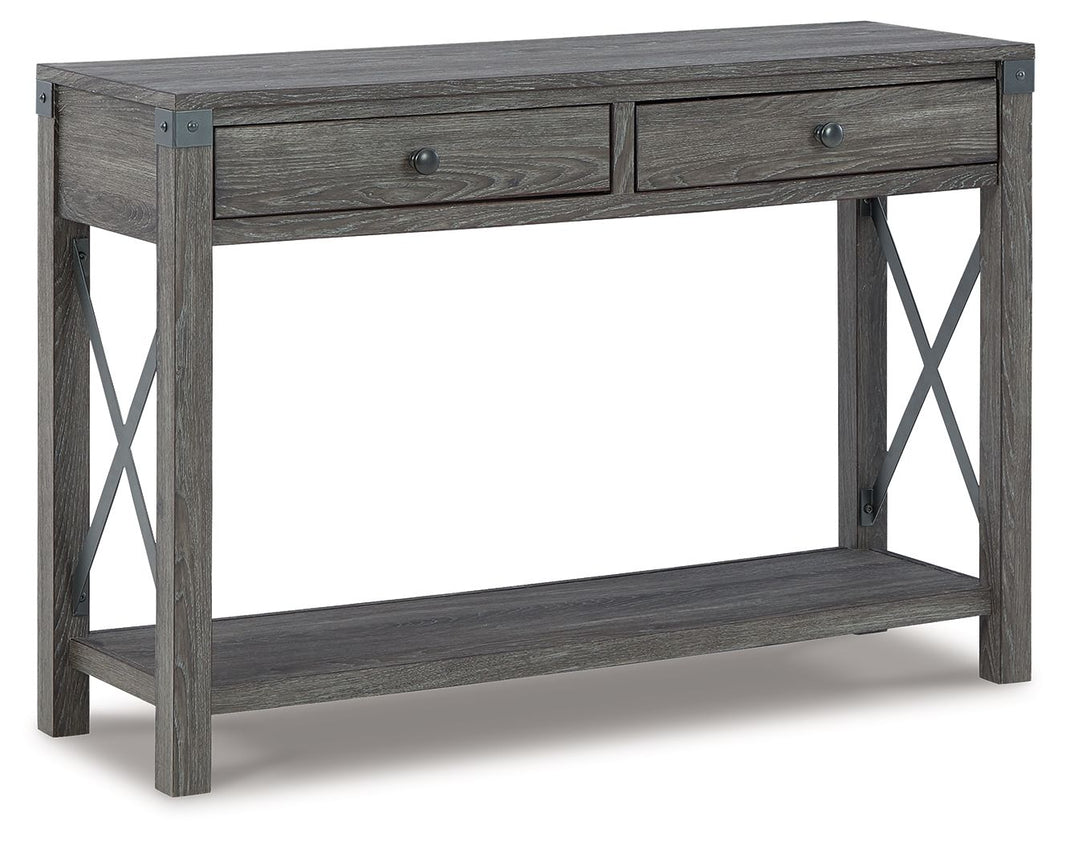 Freedan - Console Sofa Table - Grayish Brown, product view with engineered wood