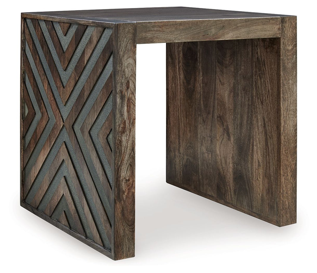 Dreggan - Square End Table - Brown, product view with engineered wood