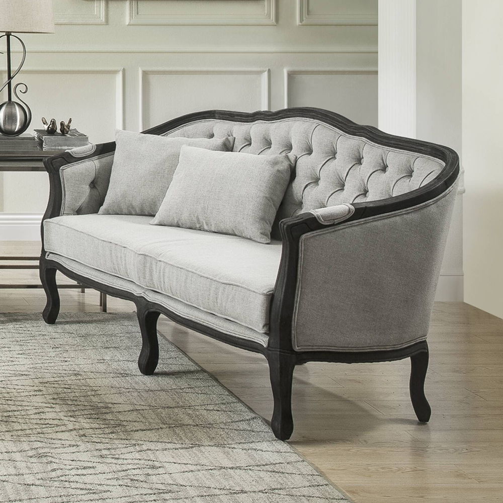 Samael - Loveseat With 2 Pillows - Gray Linen & Dark Brown, alternate view 2 with wood construction