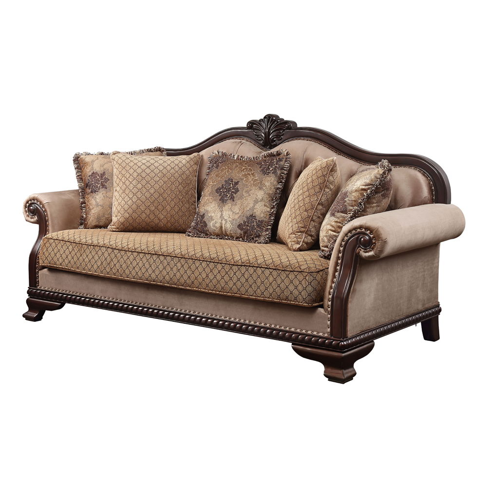 Chateau De Ville - Sofa With 5 Pillows (Same Lv01588) - Fabric & Espresso, product view with wood construction