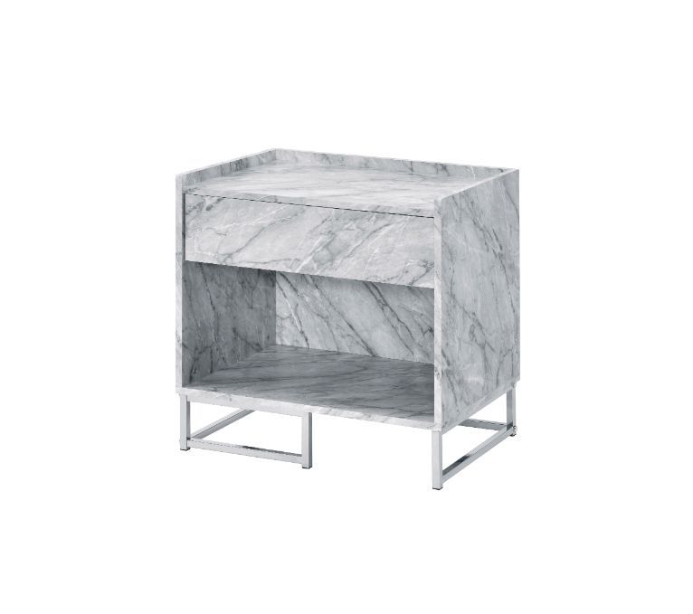 Azrael - Accent Table - White Printed Faux Marble & Chrome, product view with metal