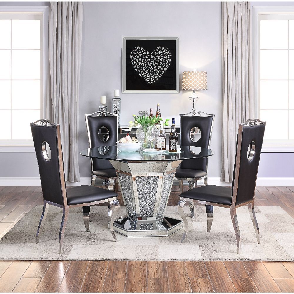 Noralie - Dining Table - Mirrored, Faux Diamonds & Clear Glass Top, alternate view 4 with wood construction