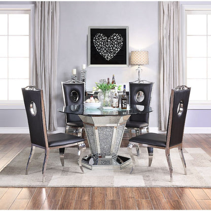 Noralie - Dining Table - Mirrored, Faux Diamonds & Clear Glass Top, alternate view 4 with wood construction