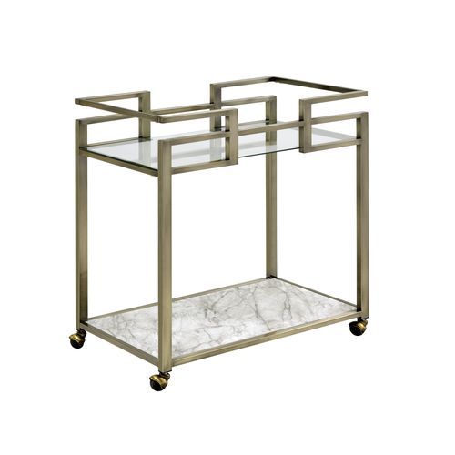 Neilo - Serving Cart - Clear Glass, Faux Marble Top & Wire Brass, alternate view 3 with velvet upholstery