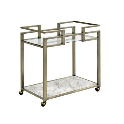 Neilo - Serving Cart - Clear Glass, Faux Marble Top & Wire Brass, alternate view 3 with velvet upholstery