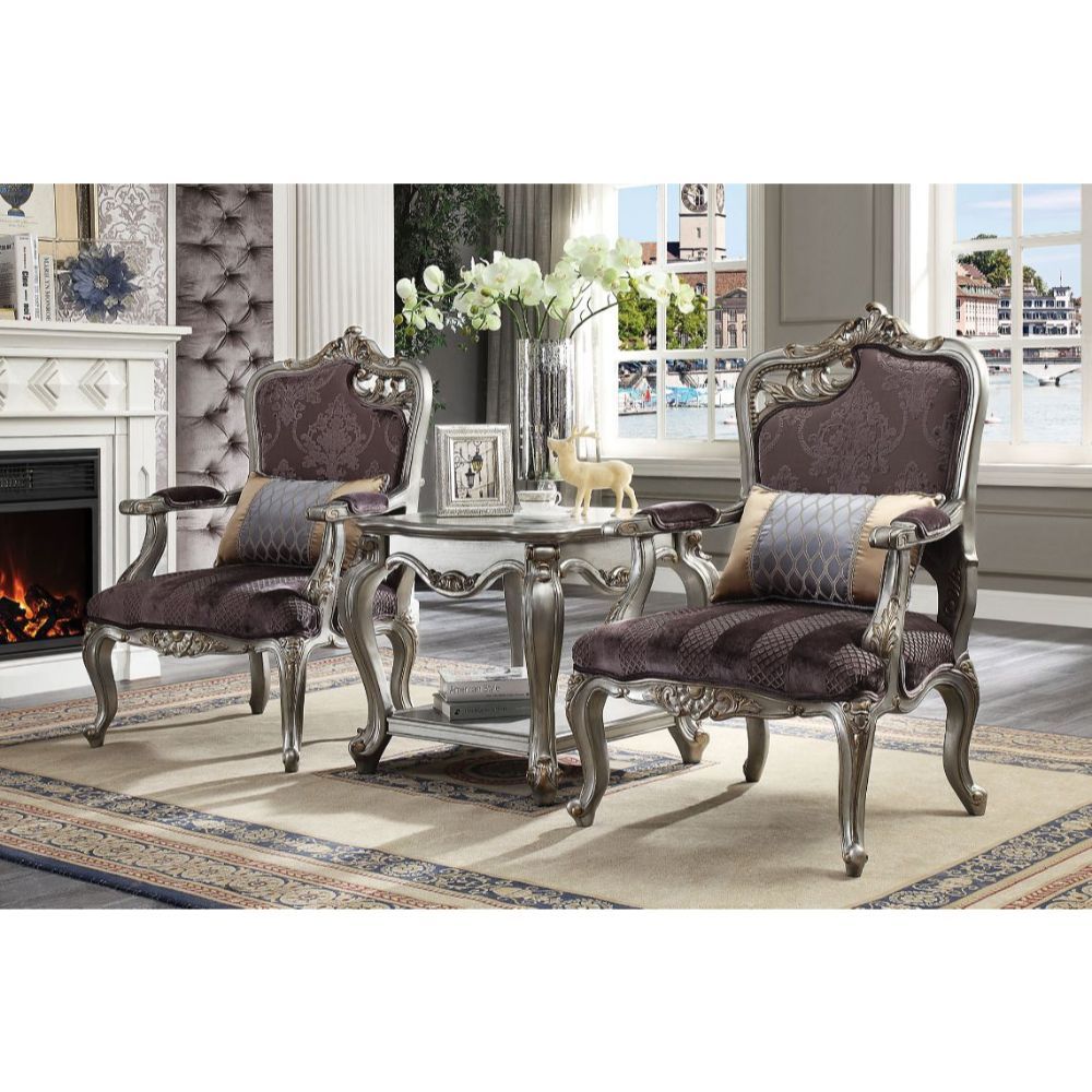 Picardy - Chair With Pillow (Rf Leaf) - Velvet & Antique Platinum, product view with solid wood