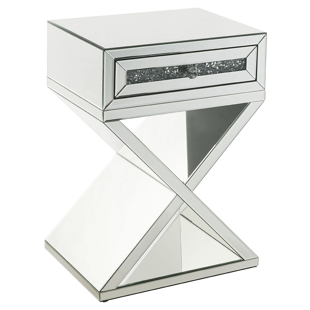 Noralie - Accent Table, X-Shaped Base - Mirrored & Faux Diamonds, alternate view 2 with glass