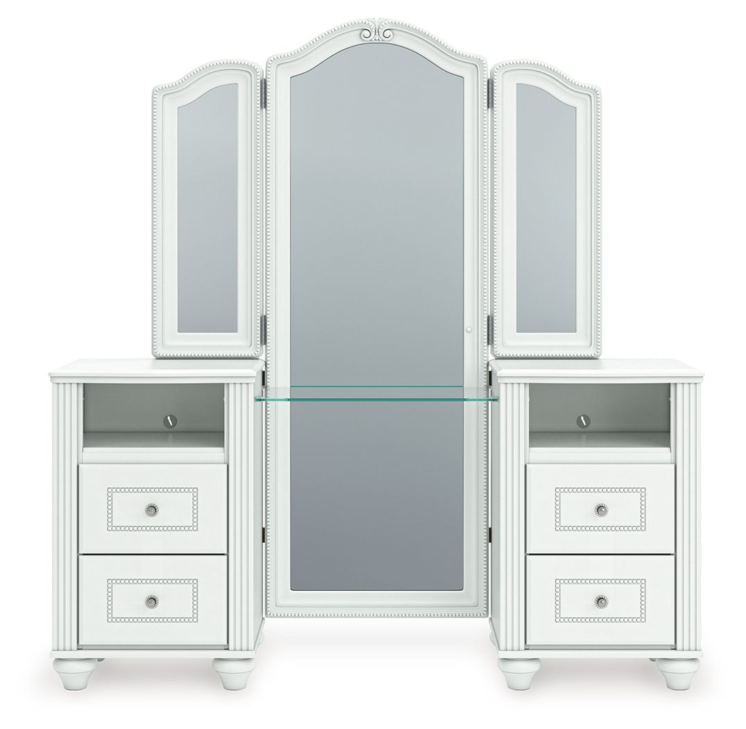 Kozlani - Vanity With Mirror - White, alternate view 3 with linen fabric