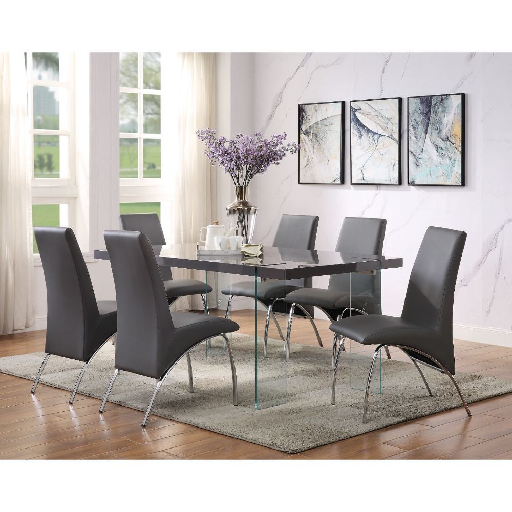 Noland - Dining Table - Gray High Gloss & Clear Glass, product view with faux leather