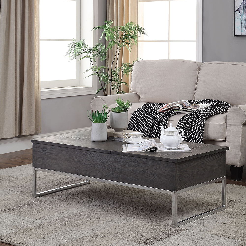 Iban - Coffee Table With Lift Top - Gray Oak & Chrome, product view with wood construction