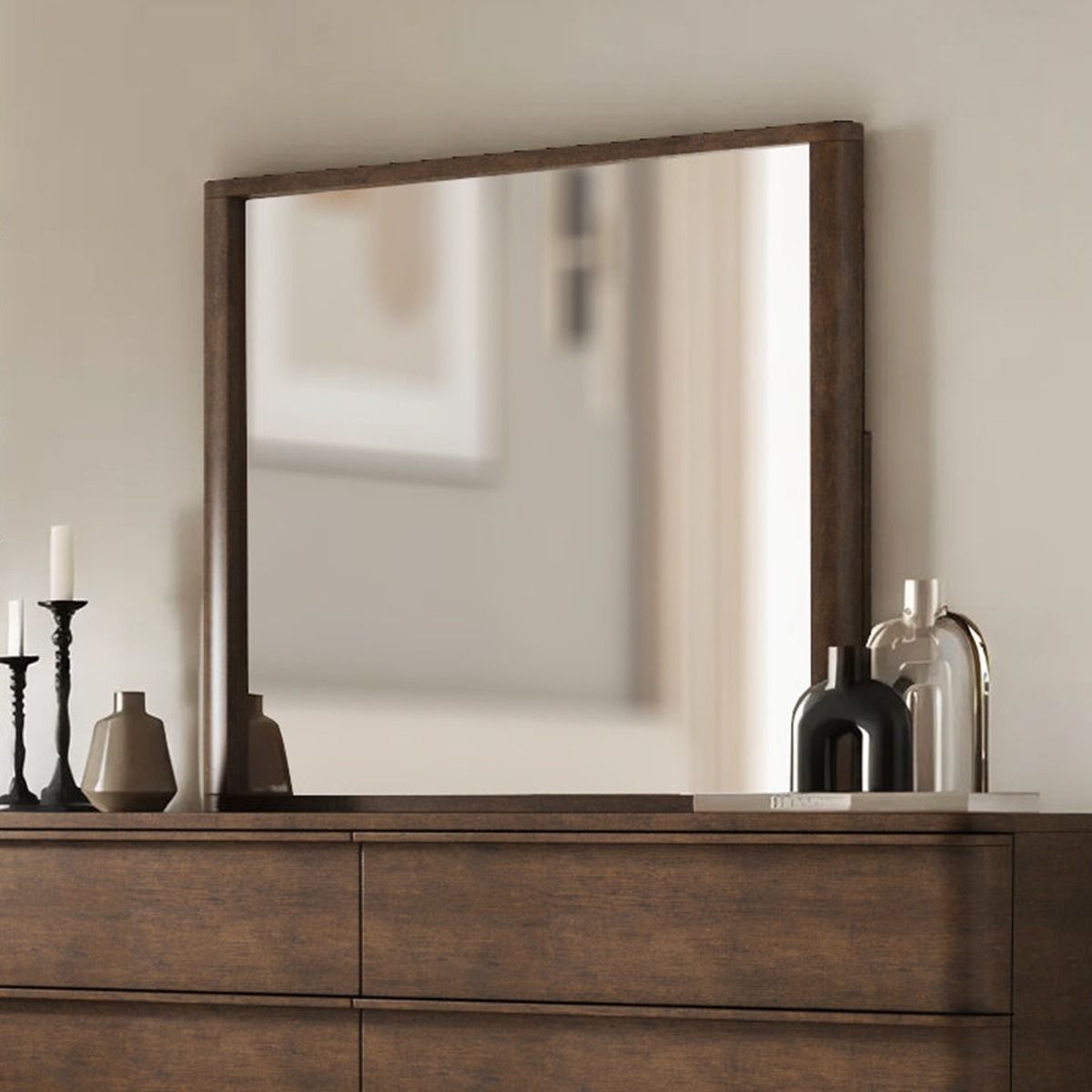 Zoey - Mirror - Brown Oak, alternate view 2 with linen fabric