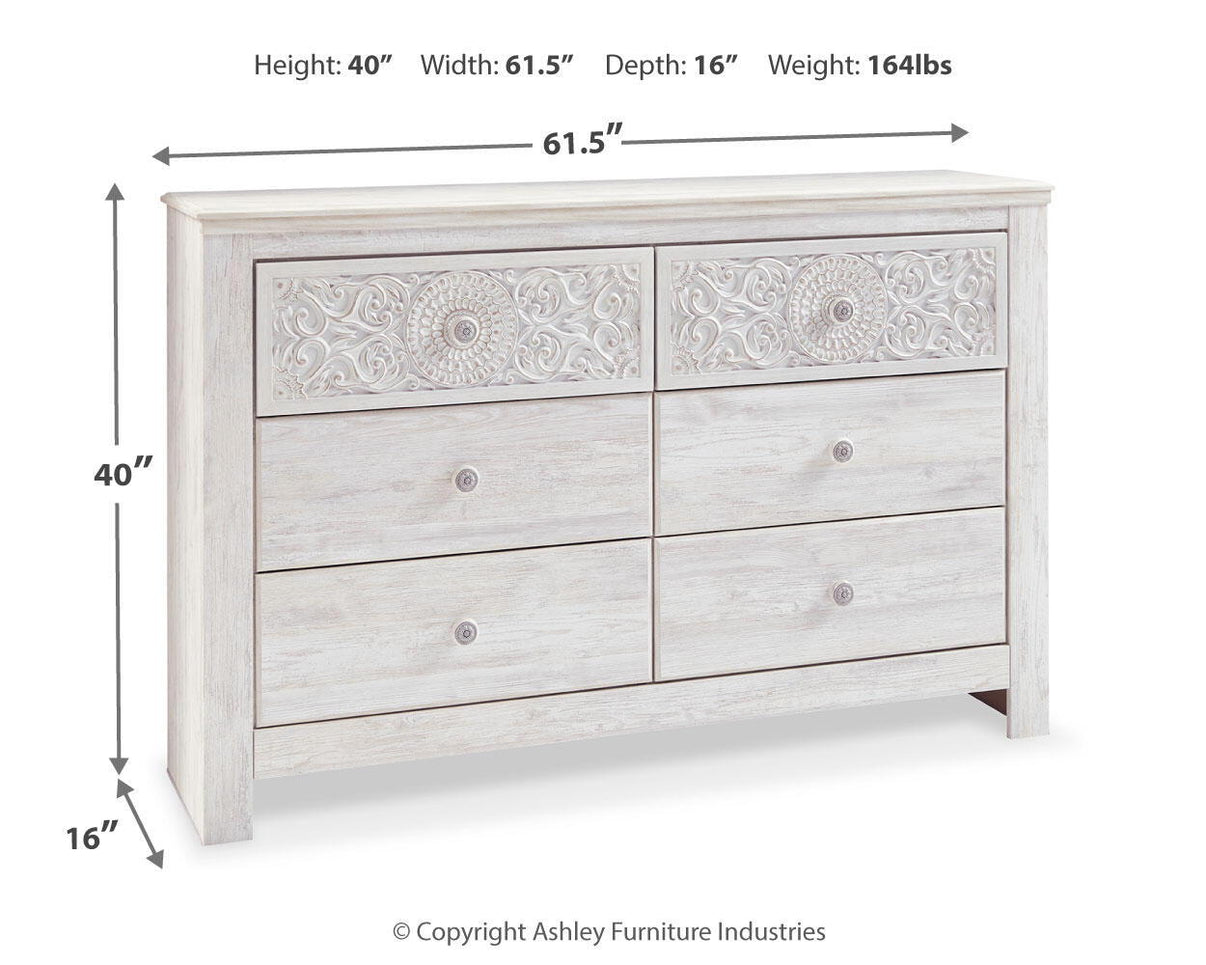 Paxberry - Six Drawer Dresser - Medallion Drawer Pulls - Whitewash, alternate view 3 with engineered wood