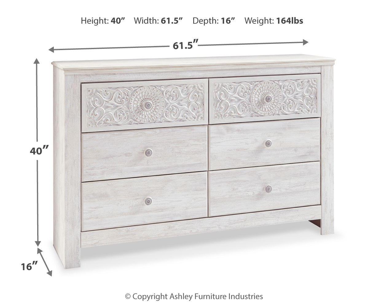 Paxberry - Six Drawer Dresser - Medallion Drawer Pulls - Whitewash, alternate view 3 with engineered wood
