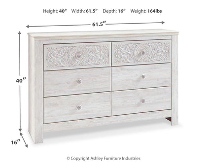 Paxberry - Six Drawer Dresser - Medallion Drawer Pulls - Whitewash, alternate view 3 with engineered wood
