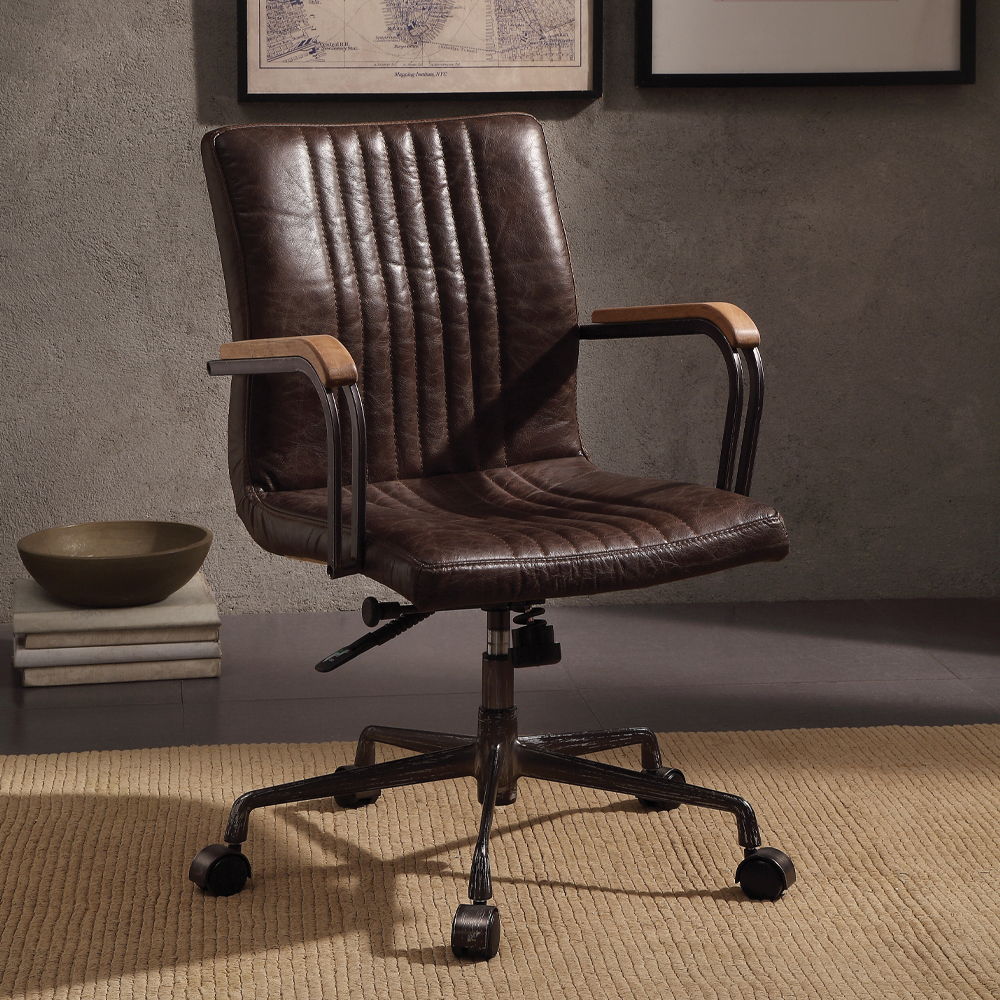 Joslin - Office Chair - Distress Chocolate Top Grain Leather, alternate view 2 with wood construction