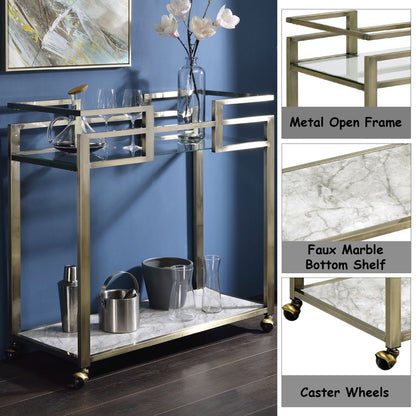 Neilo - Serving Cart - Clear Glass, Faux Marble Top & Wire Brass, alternate view 4 with velvet upholstery