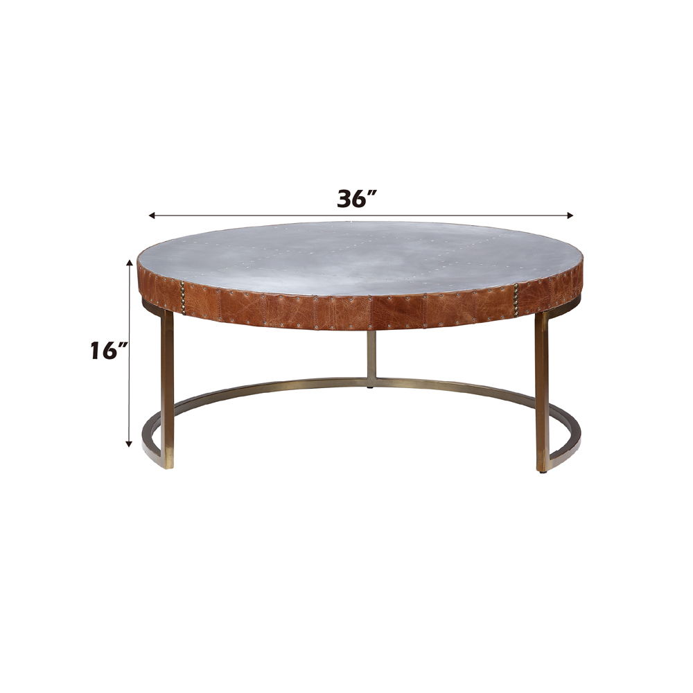 Tamas - 16" Coffee Table - Aluminum & Cocoa Top Grain Leather, alternate view 3 with metal