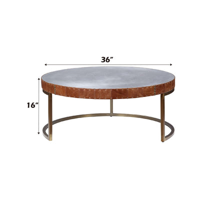 Tamas - 16" Coffee Table - Aluminum & Cocoa Top Grain Leather, alternate view 3 with metal