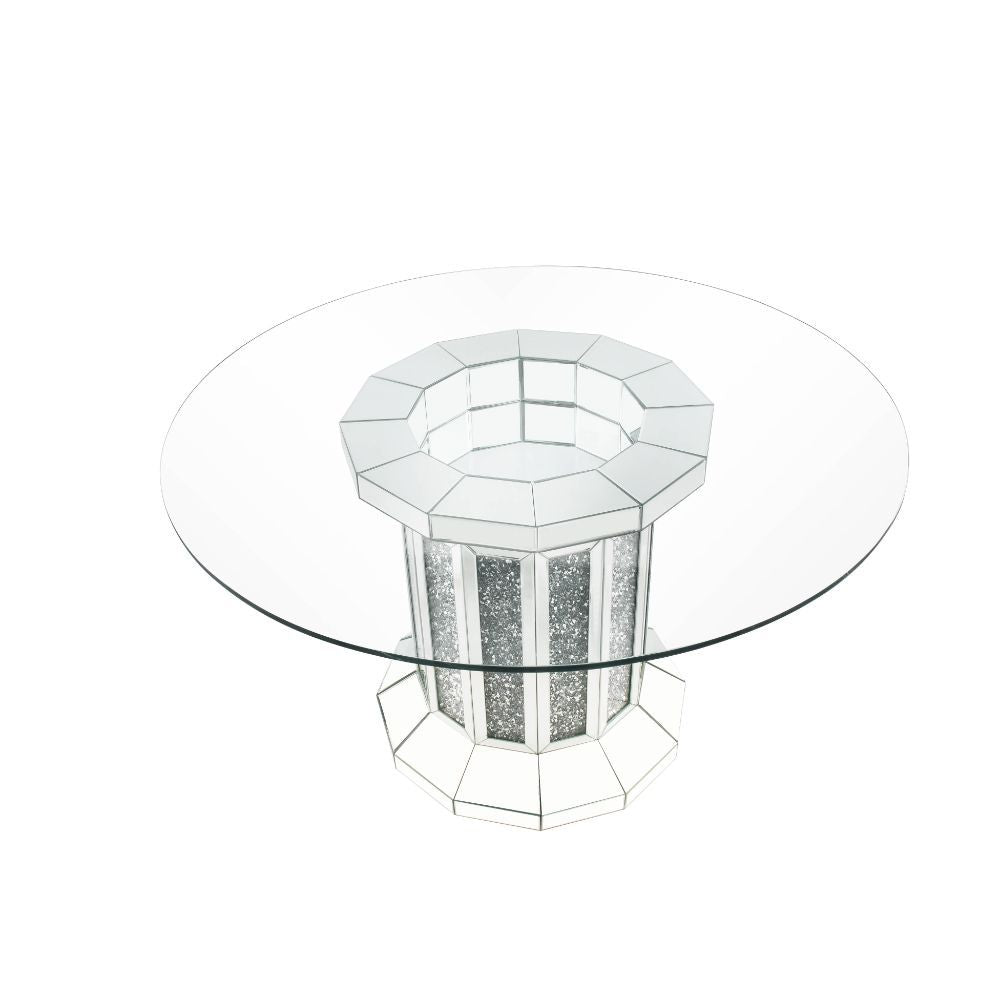 Noralie - Dining Table - Clear Glass Top & Mirrored & Faux Diamonds, alternate view 2 with wood construction