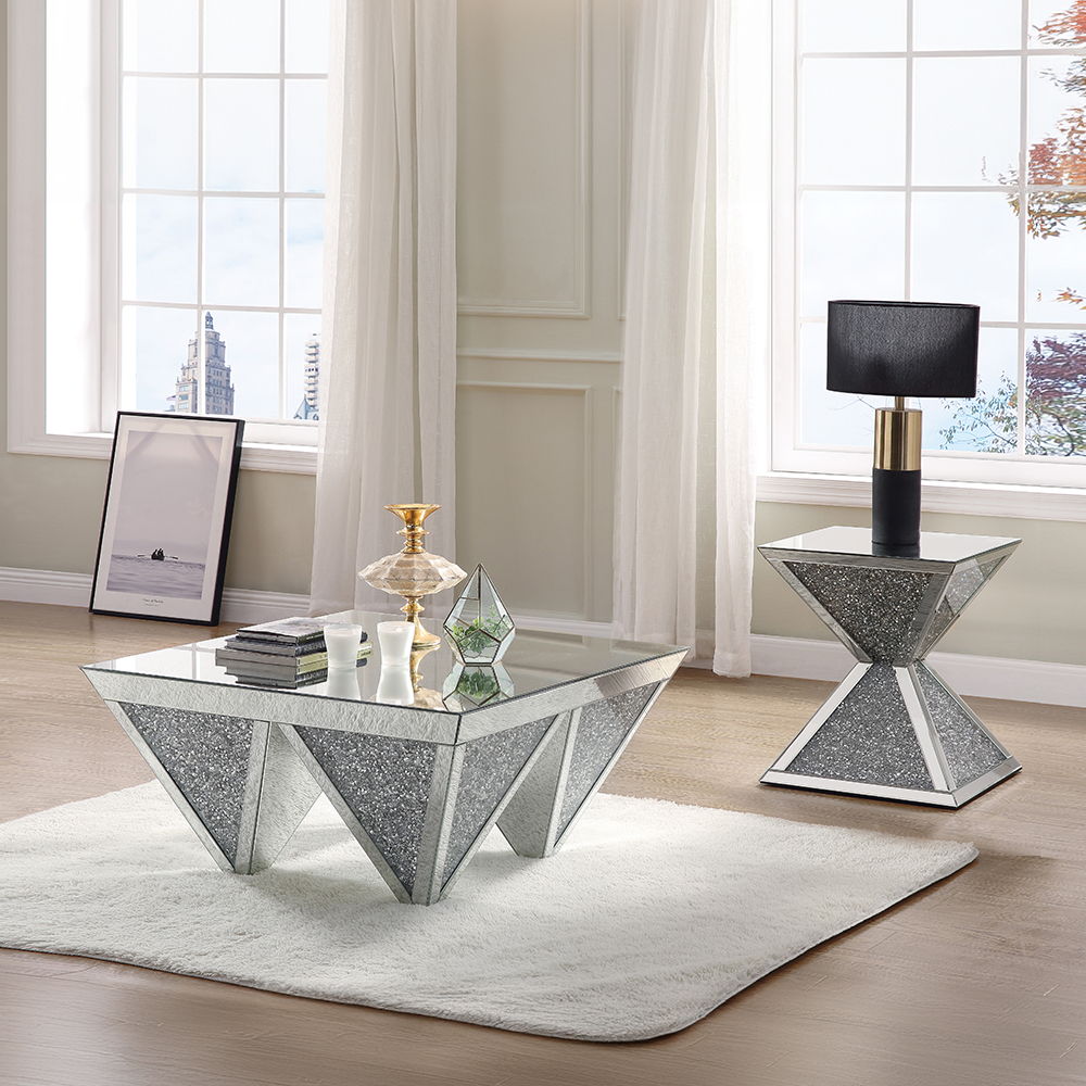 Noralie - End Table With Faux Diamonds - Mirrored, alternate view 2 with wood construction
