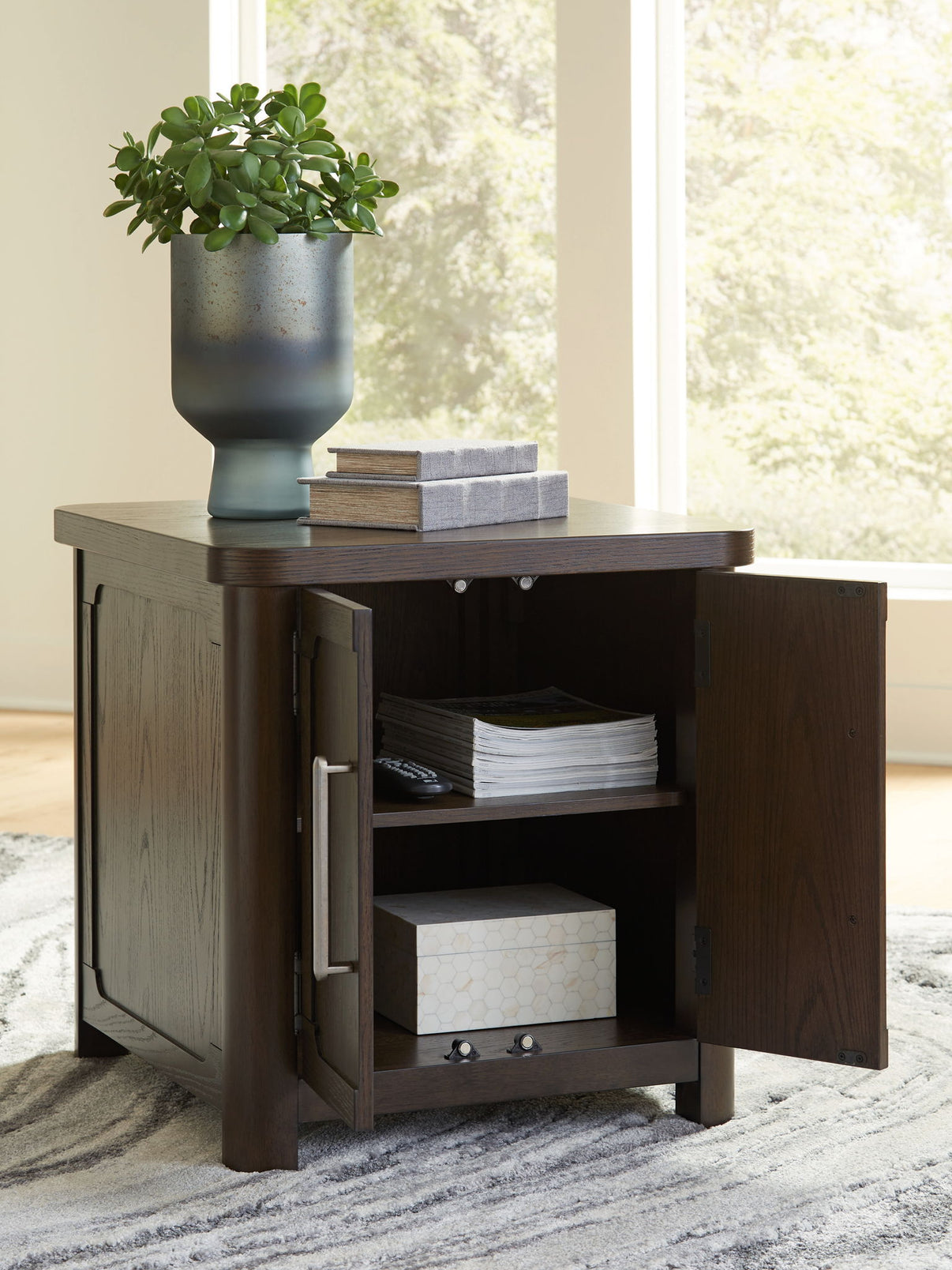 Breckington - Rectangular 2-door End Table - Dark Brown, alternate view 6 with wood construction