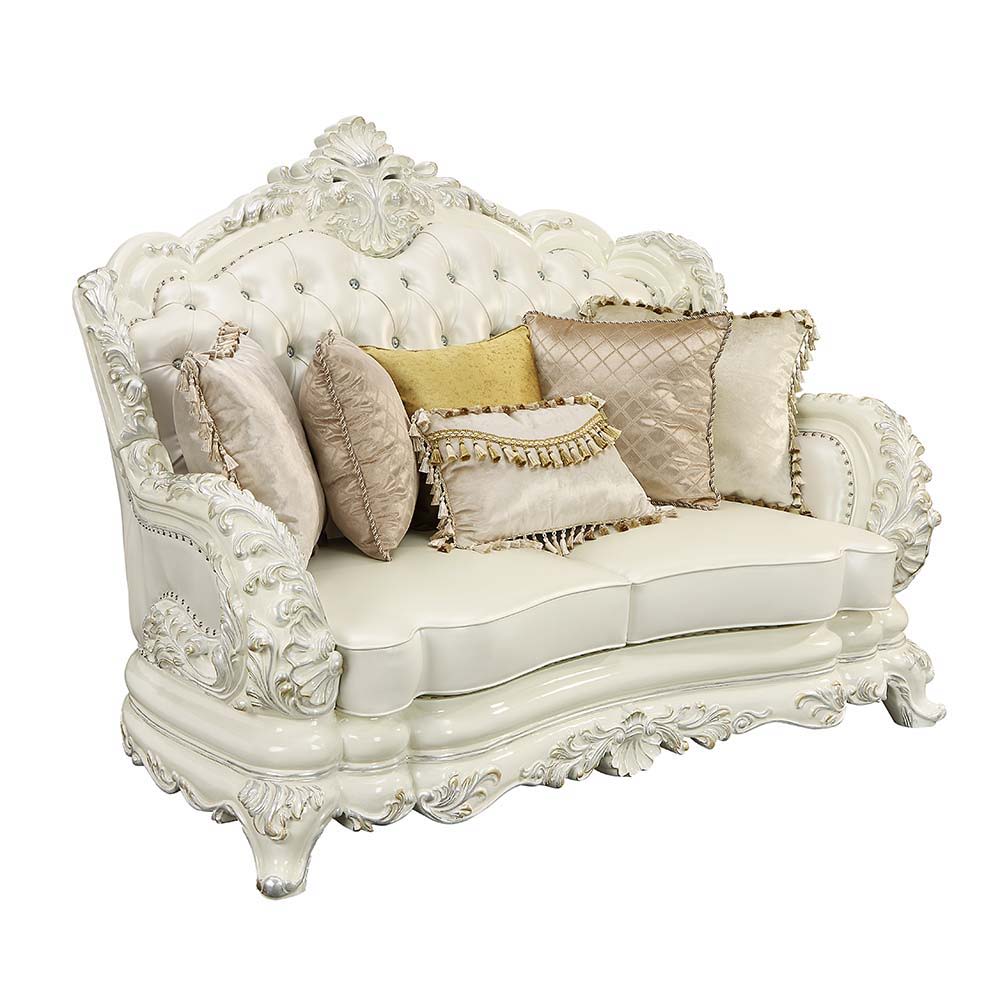 Adara - Loveseat With 5 Pillows - Pearl White Synthetic Leather & Antique White, alternate view 3 with wood construction