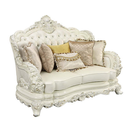 Adara - Loveseat With 5 Pillows - Pearl White Synthetic Leather & Antique White, alternate view 3 with wood construction
