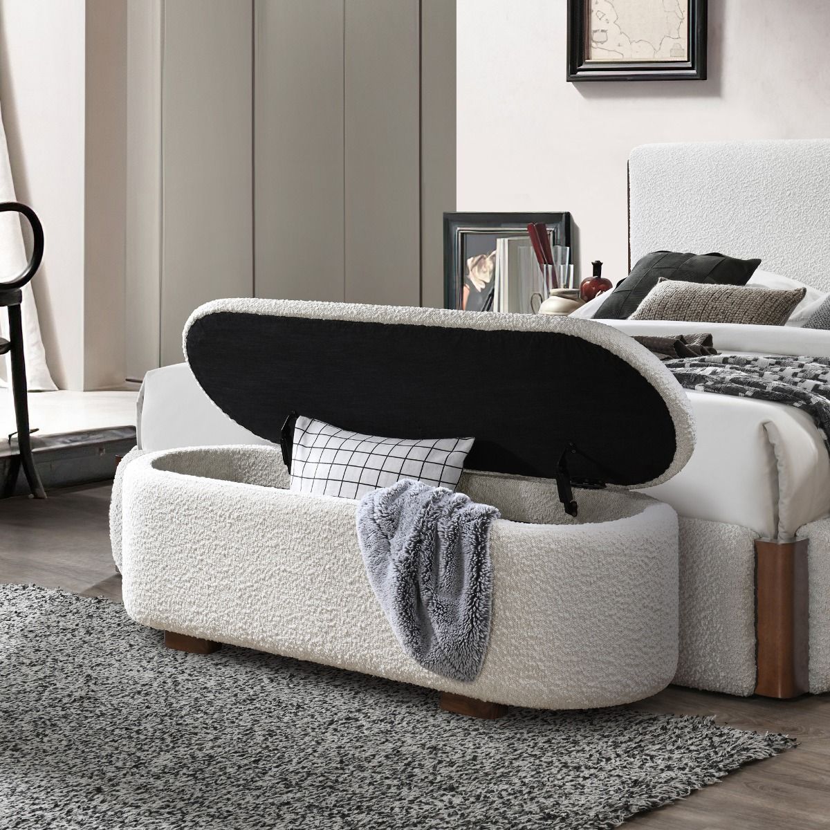 Sandro - Bench With Storage - Beige Boucle & Walnut, alternate view 5 with linen fabric