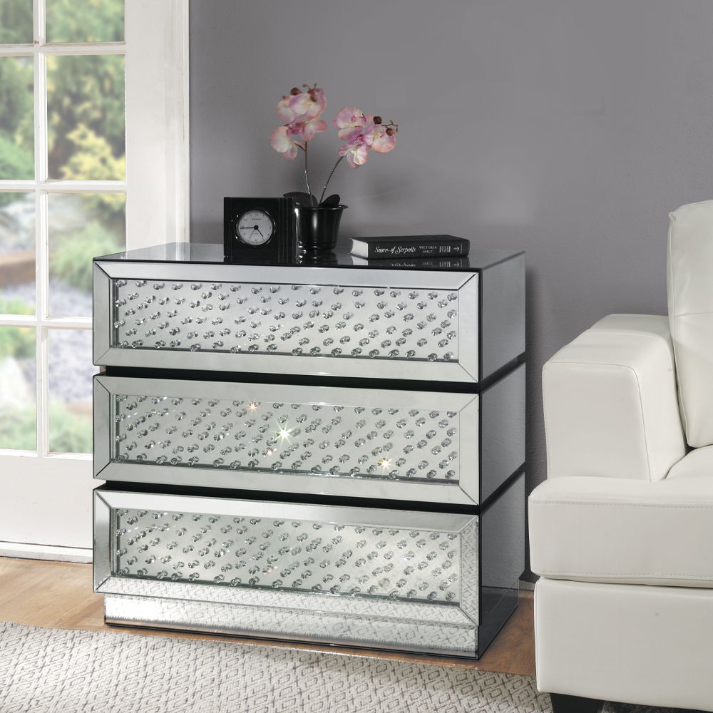 Nysa - Console Cabinet - Mirrored & Faux Crystals, product view with wood construction