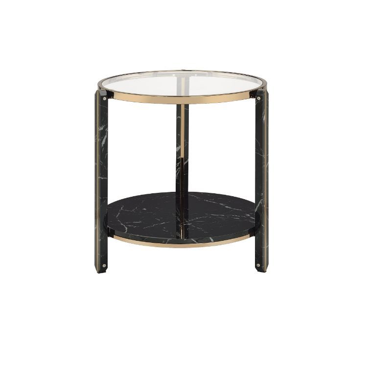 Thistle - End Table - Clear Glass, Faux Black Marble Top & Champagne, product view with wood construction