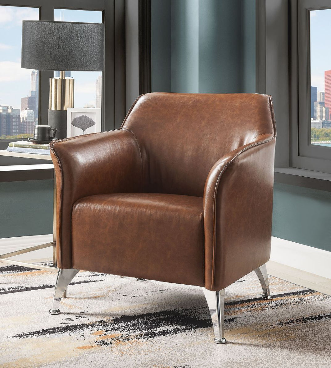 Teague - Accent Chair - Brown Synthetic Leather, product view with metal