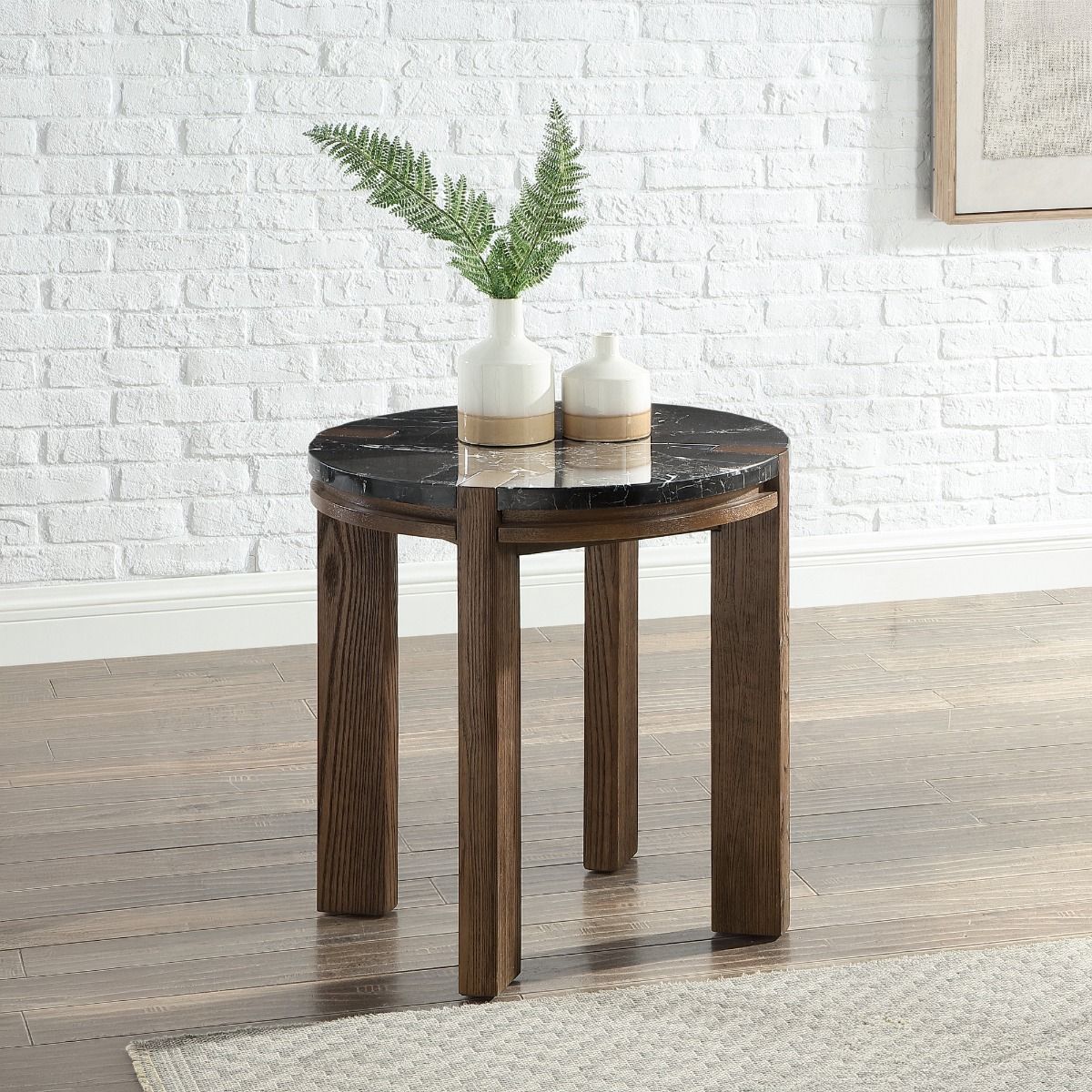 Estella - End Table With Natural Marble Top - Black Top & Walnut, alternate view 3 with leather upholstery