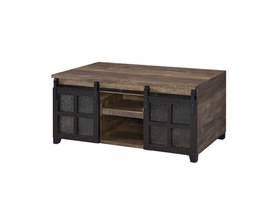 Nineel - Coffee Table - Obscure Glass, Rustic Oak & Black, product view with wood construction