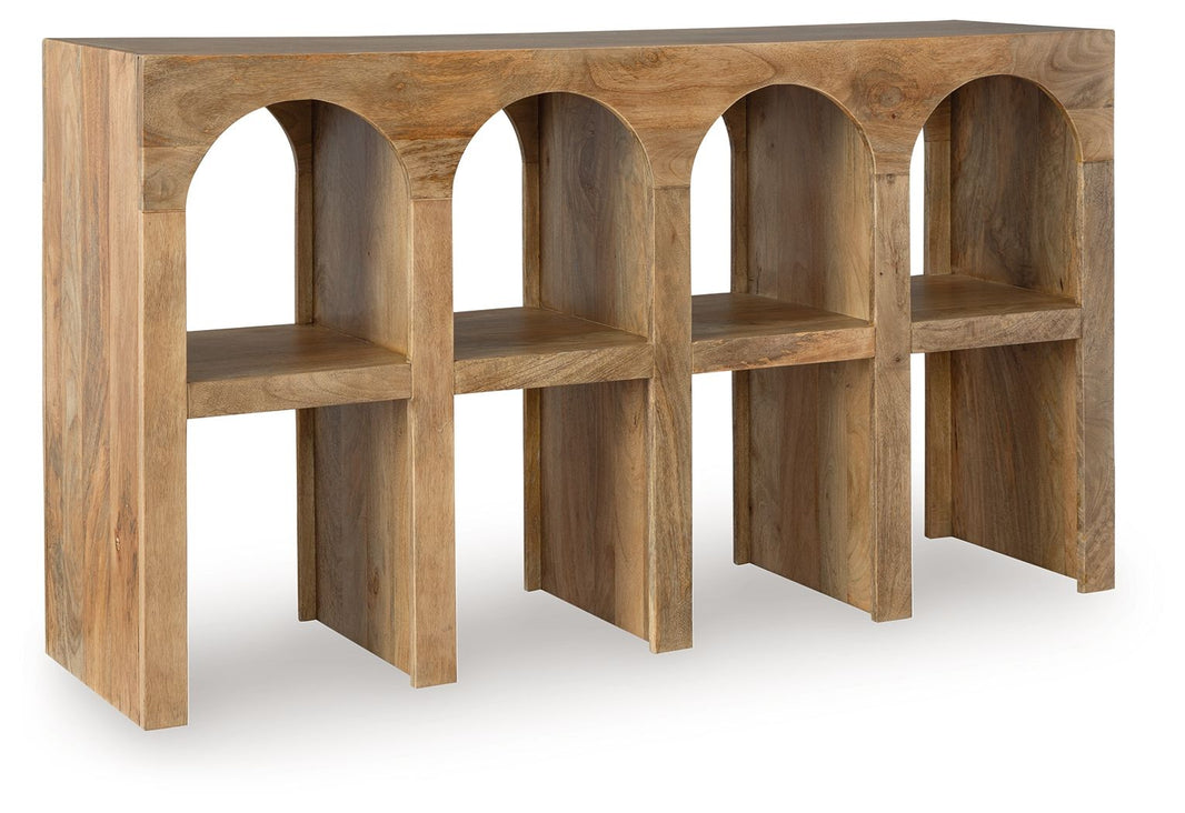 Luzmanacy - Console Sofa Table - Natural Brown, product view with wood construction