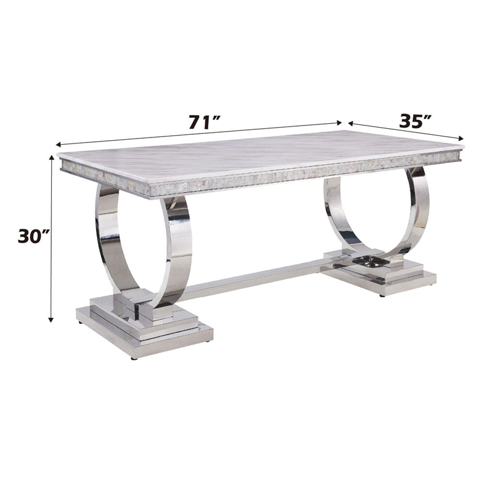 Zander - Dining Table - White Printed Faux Marble Top & Mirrored Silver, alternate view 4 with metal