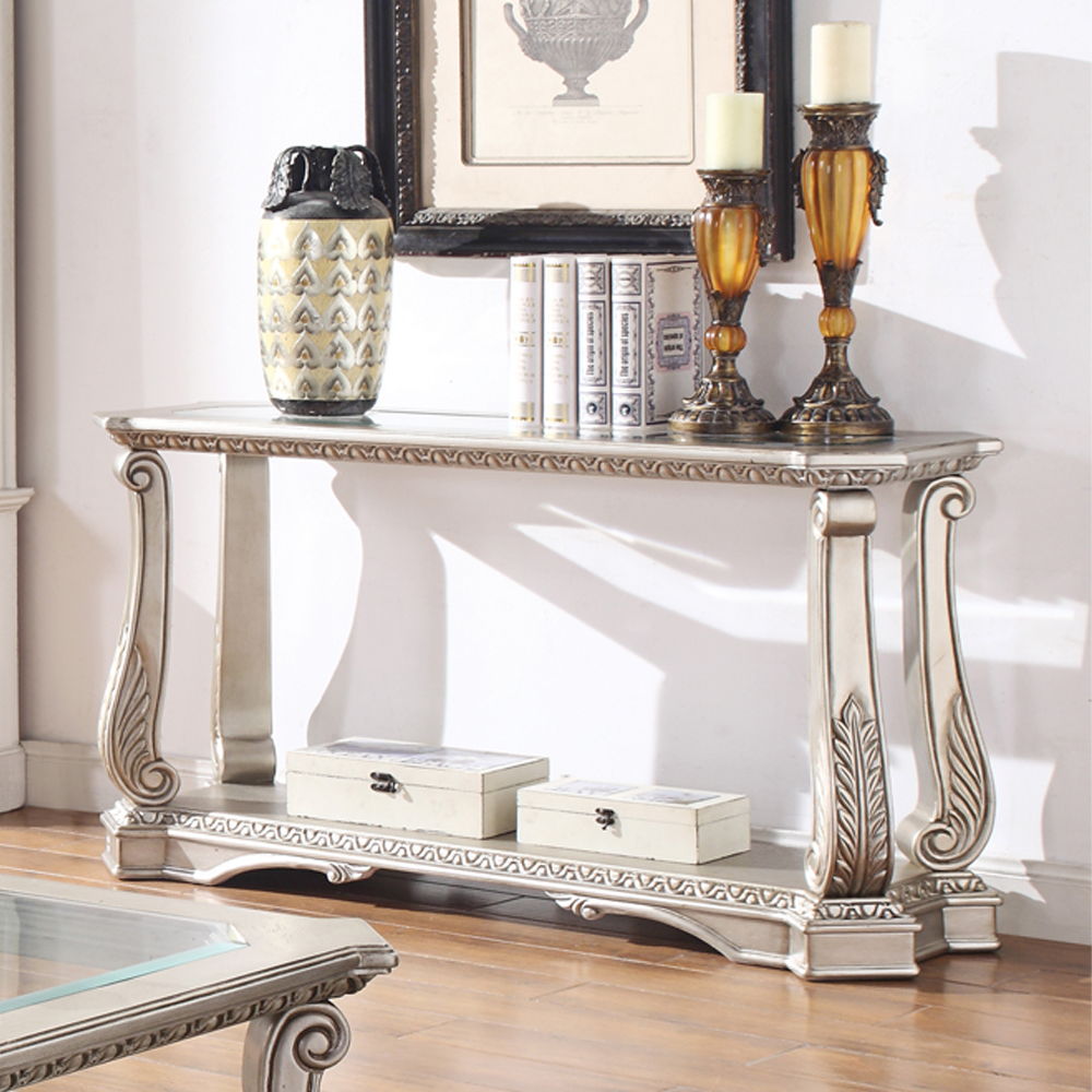 Northville - Sofa Table - Clear Glass & Antique Silver, product view with wood construction