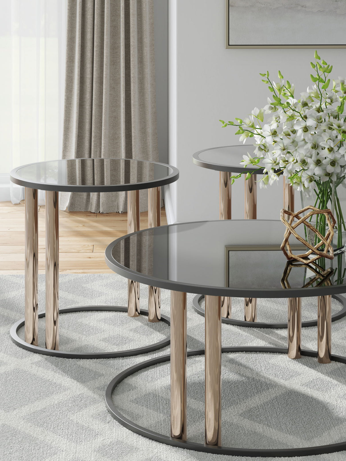Hannerly - Occasional Table Set (Set of 3) - Black / Gold Finish, alternate view 2 with glass