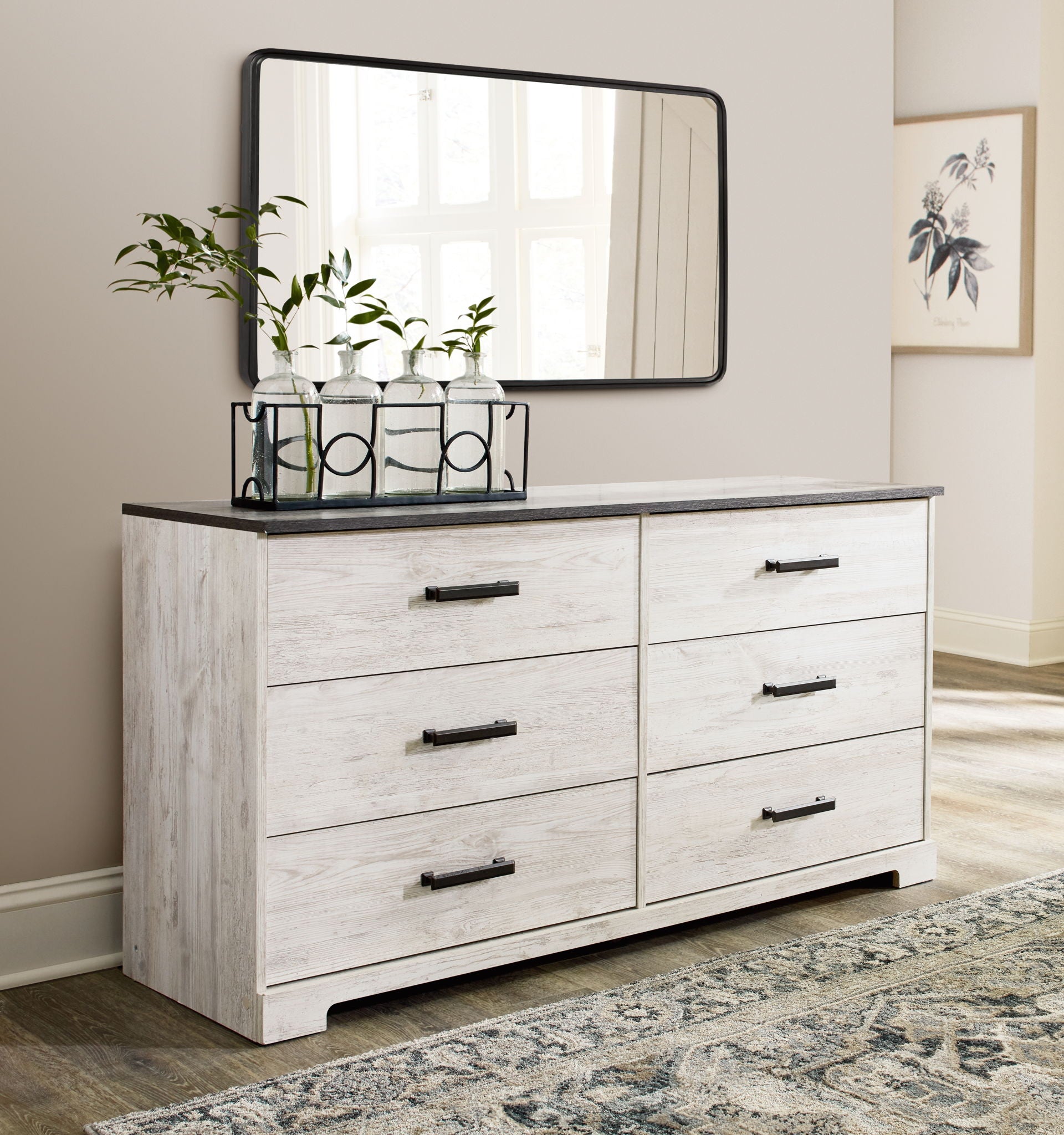 Shawburn - Six Drawer Dresser - Pewter-tone pulls - White / Black / Gray, alternate view 6 with engineered wood