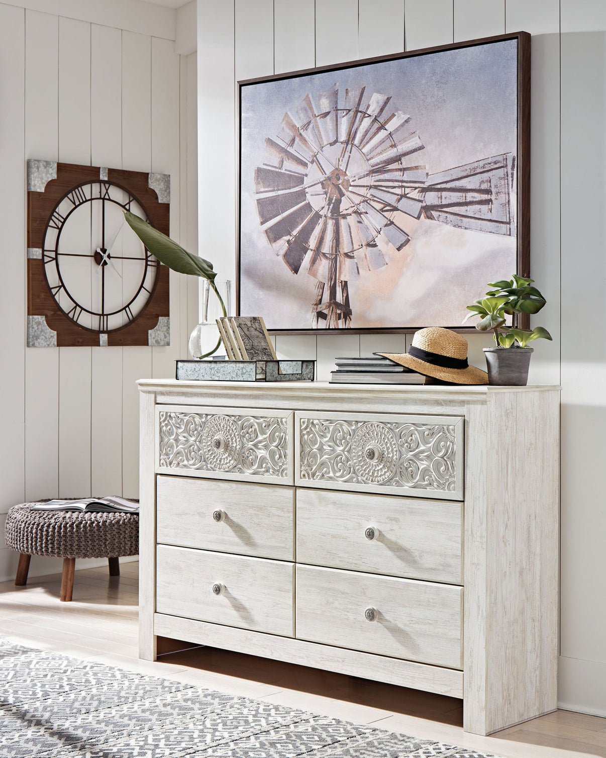 Paxberry - Six Drawer Dresser - Medallion Drawer Pulls - Whitewash, alternate view 4 with engineered wood