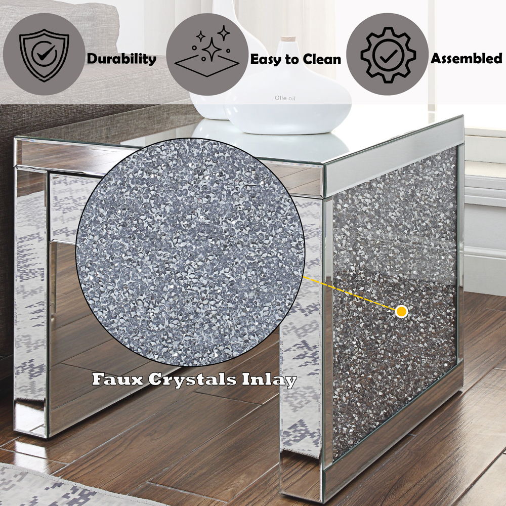 Noralie - 24" Square End Table - Mirrored & Faux Diamonds, alternate view 3 with wood construction