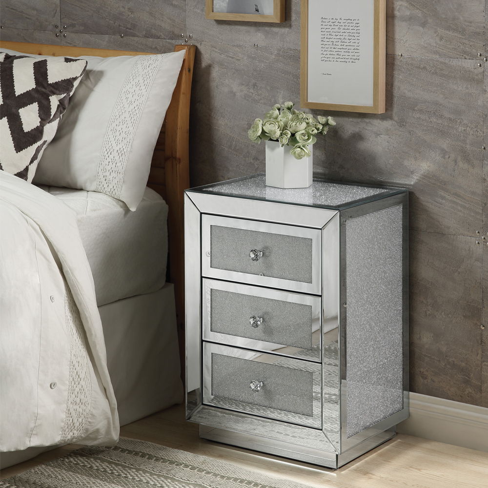 Noralie - 18" X 14" Accent Table - Mirrored & Faux Diamonds, product view with wood construction