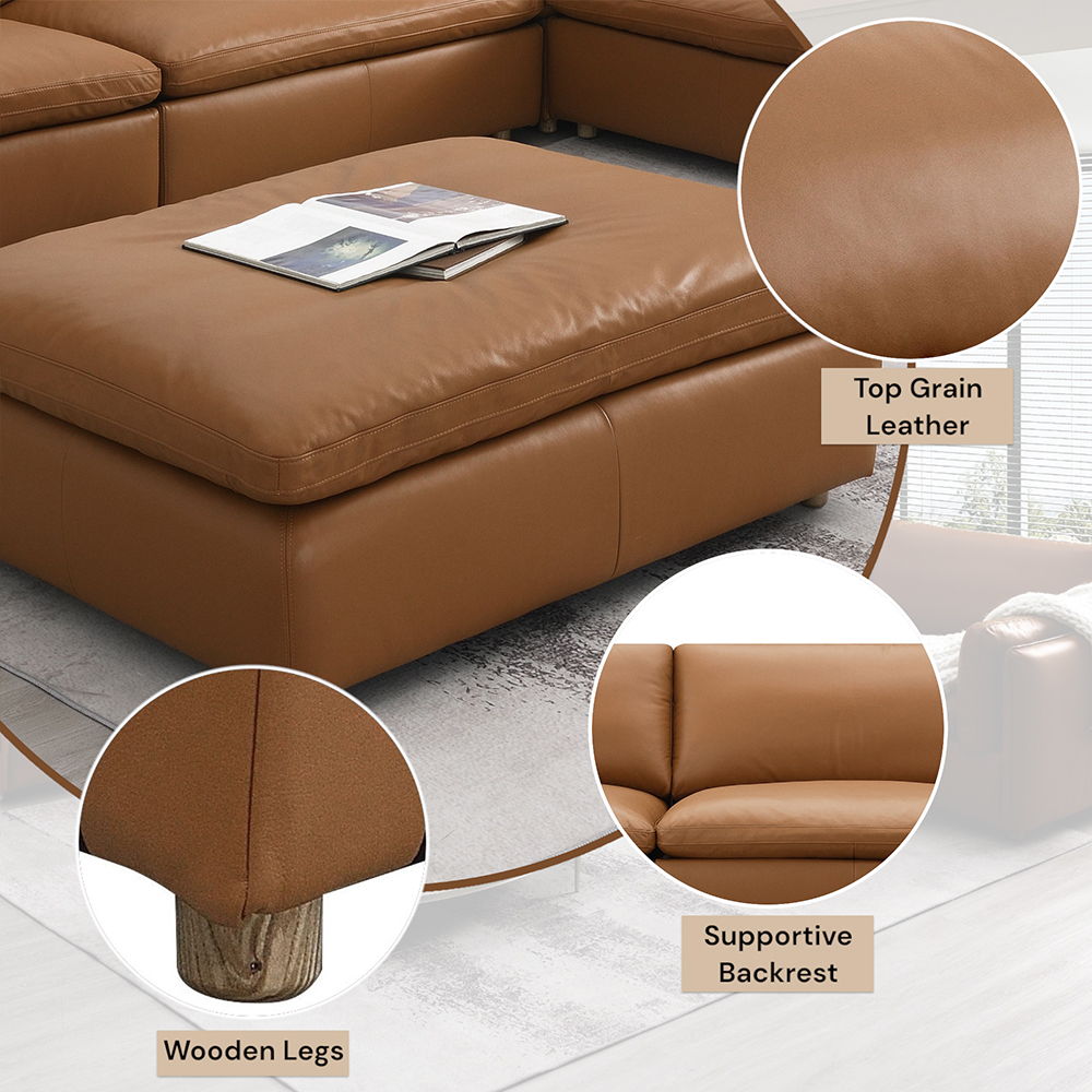 Brighton - Ottoman - Brown Top Grain Leather, alternate view 4 with wood construction