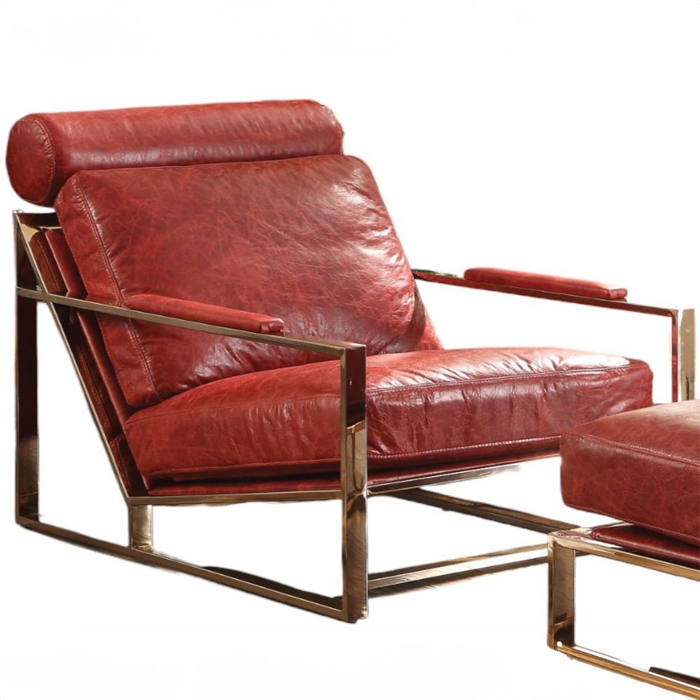 Quinto - Accent Chair - Antique Red Top Grain Leather & Stainless Steel, product view with wood construction