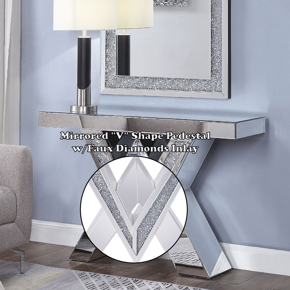 Noralie - Console Table, "V" Shape Pedestal - Mirrored & Faux Diamonds, alternate view 2 with wood construction