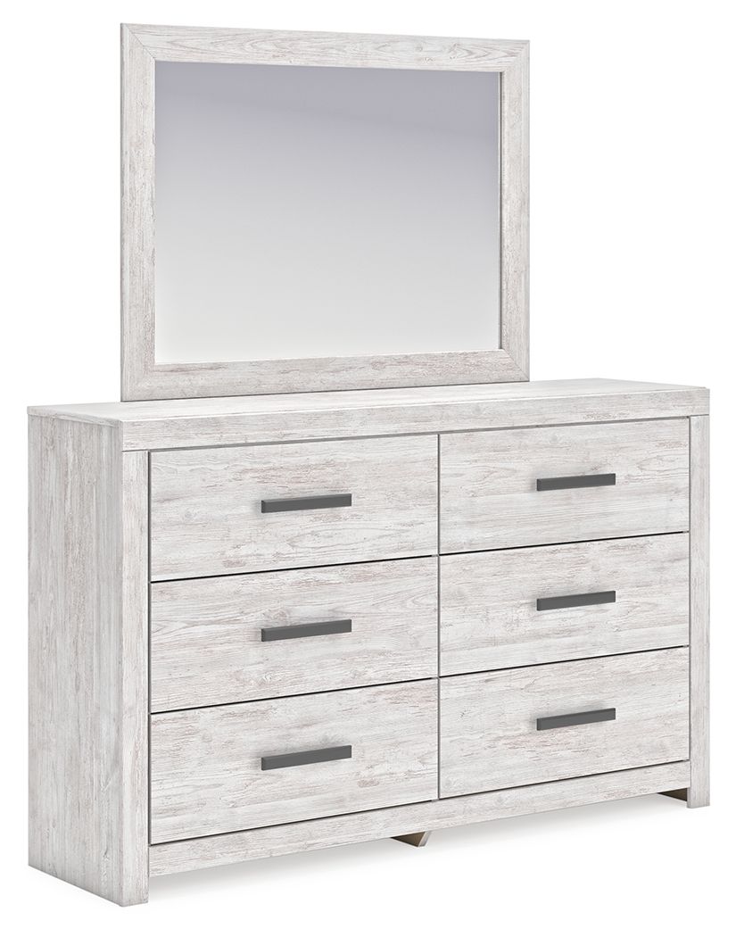 Cayboni - Dresser And Mirror - Whitewash, product view with linen fabric