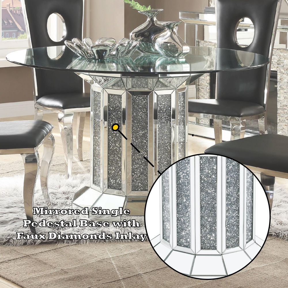 Noralie - Dining Table - Clear Glass Top & Mirrored & Faux Diamonds, alternate view 4 with wood construction